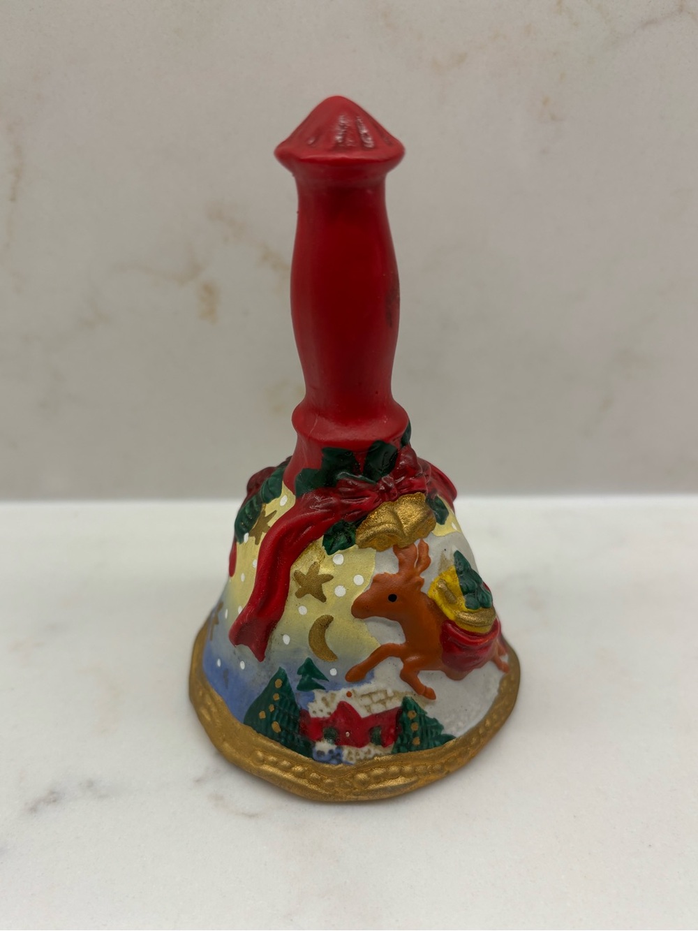 Vintage Ceramic Christmas Hand Bell with  Flying Reindeer and Winter Scene